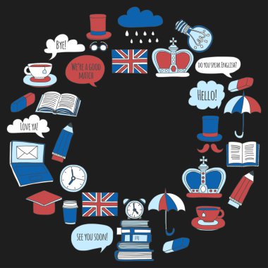 Vektör Doodle desen ve simgeler İngilizce kursları Dil Okulu ayarla.