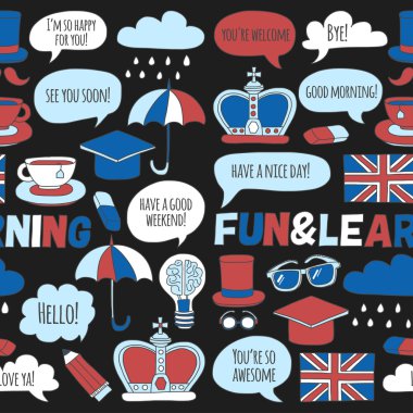 Vektör Doodle desen ve simgeler İngilizce kursları Dil Okulu ayarla.