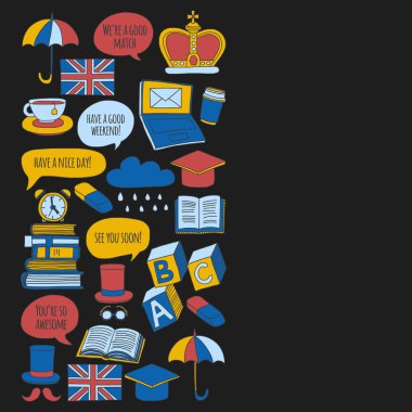 Vektör Doodle desen ve simgeler İngilizce kursları Dil Okulu ayarla.