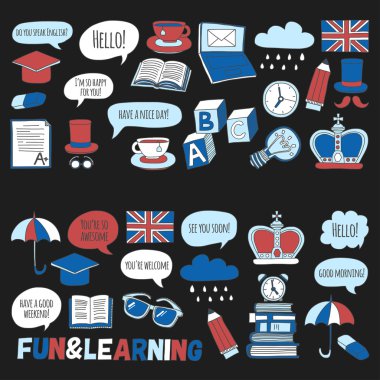 Vektör Doodle desen ve simgeler İngilizce kursları Dil Okulu ayarla.