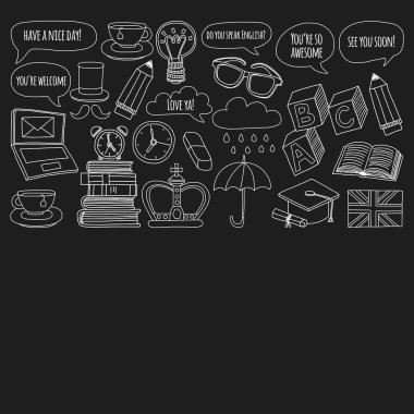 Vektör Doodle desen ve simgeler İngilizce kursları Dil Okulu ayarla.