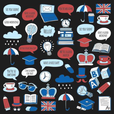 Vektör Doodle desen ve simgeler İngilizce kursları Dil Okulu ayarla.