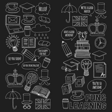 Vektör Doodle desen ve simgeler İngilizce kursları Dil Okulu ayarla.