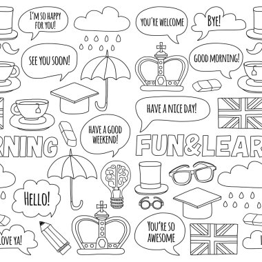 Vektör Doodle desen ve simgeler İngilizce kursları Dil Okulu ayarla.