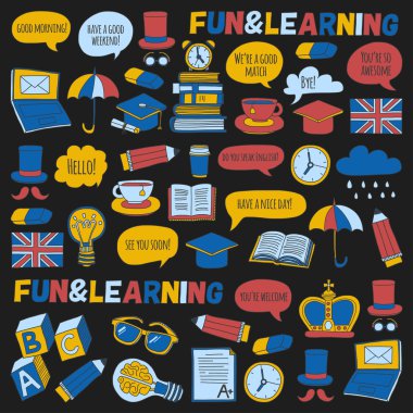 Vektör Doodle desen ve simgeler İngilizce kursları Dil Okulu ayarla.