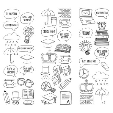 Vektör Doodle desen ve simgeler İngilizce kursları Dil Okulu ayarla.