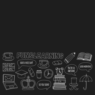 Vektör Doodle desen ve simgeler İngilizce kursları Dil Okulu ayarla.