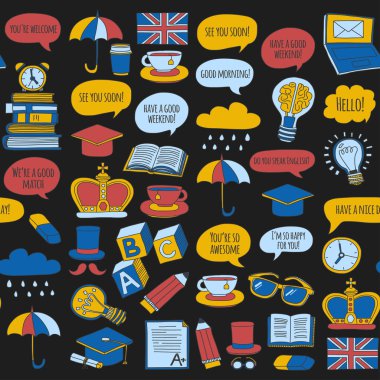 Vektör Doodle desen ve simgeler İngilizce kursları Dil Okulu ayarla.