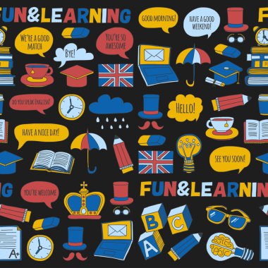 Vektör Doodle desen ve simgeler İngilizce kursları Dil Okulu ayarla.