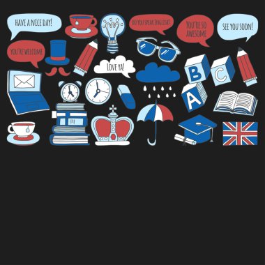 Vektör Doodle desen ve simgeler İngilizce kursları Dil Okulu ayarla.