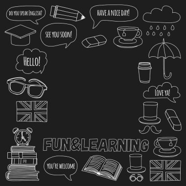 Vektör Doodle desen ve simgeler İngilizce kursları Dil Okulu ayarla.