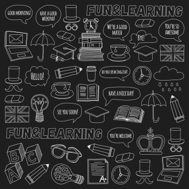 Vektör Doodle desen ve simgeler İngilizce kursları Dil Okulu ayarla.