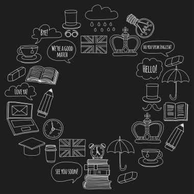 Vektör Doodle desen ve simgeler İngilizce kursları Dil Okulu ayarla.