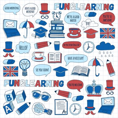 Vektör doodle desenleri İngilizce kursları Dil Okulu