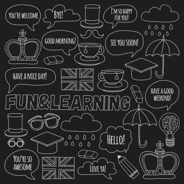 Vektör Doodle desen ve simgeler İngilizce kursları Dil Okulu ayarla.