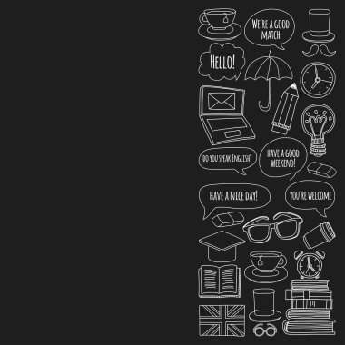 Vektör Doodle desen ve simgeler İngilizce kursları Dil Okulu ayarla.
