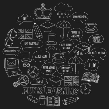 Vektör Doodle desen ve simgeler İngilizce kursları Dil Okulu ayarla.