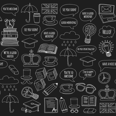 Vektör Doodle desen ve simgeler İngilizce kursları Dil Okulu ayarla.