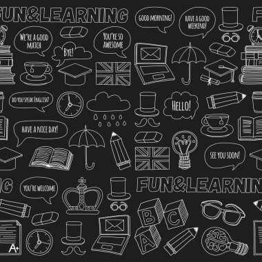 Vektör Doodle desen ve simgeler İngilizce kursları Dil Okulu ayarla.