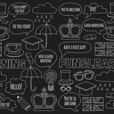 Vektör Doodle desen ve simgeler İngilizce kursları Dil Okulu ayarla.