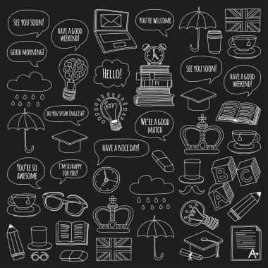 Vektör Doodle desen ve simgeler İngilizce kursları Dil Okulu ayarla.