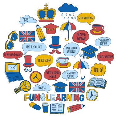 Vektör doodle desenleri İngilizce kursları Dil Okulu