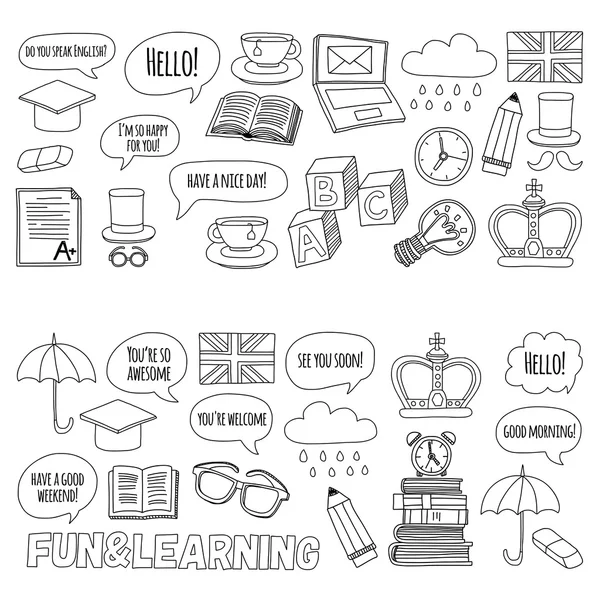 Conjunto de vectores Patrones e iconos de Doodle Cursos de inglés Escuela de idiomas — Vector de stock