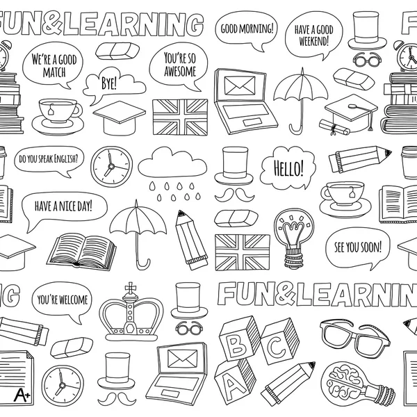 Vektör Doodle desen ve simgeler İngilizce kursları Dil Okulu ayarla.