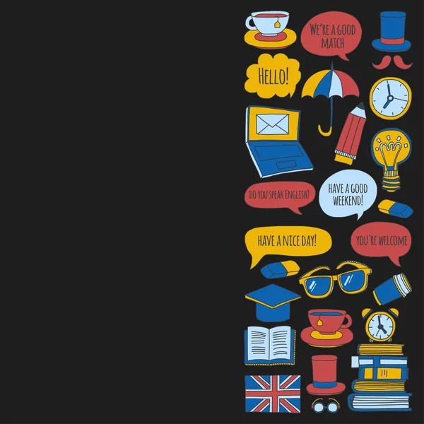 Vektör Doodle desen ve simgeler İngilizce kursları Dil Okulu ayarla.