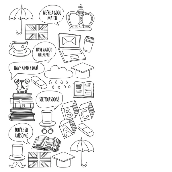 Vektör Doodle desen ve simgeler İngilizce kursları Dil Okulu ayarla.