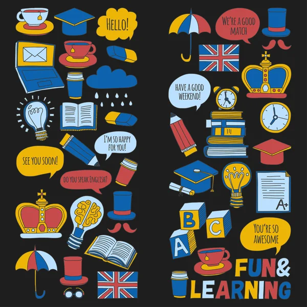 Vektör Doodle desen ve simgeler İngilizce kursları Dil Okulu ayarla.