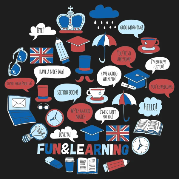Vektör Doodle desen ve simgeler İngilizce kursları Dil Okulu ayarla.