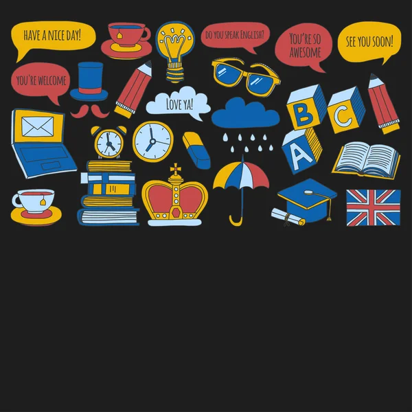Vektör Doodle desen ve simgeler İngilizce kursları Dil Okulu ayarla.