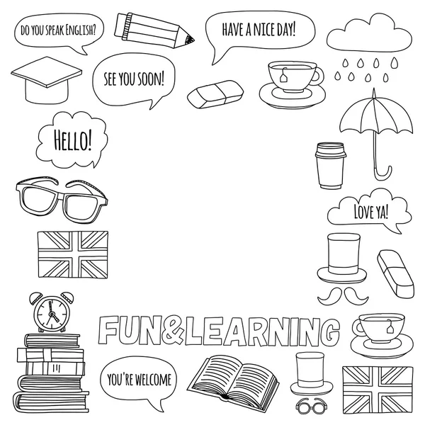 Vektör Doodle desen ve simgeler İngilizce kursları Dil Okulu ayarla.