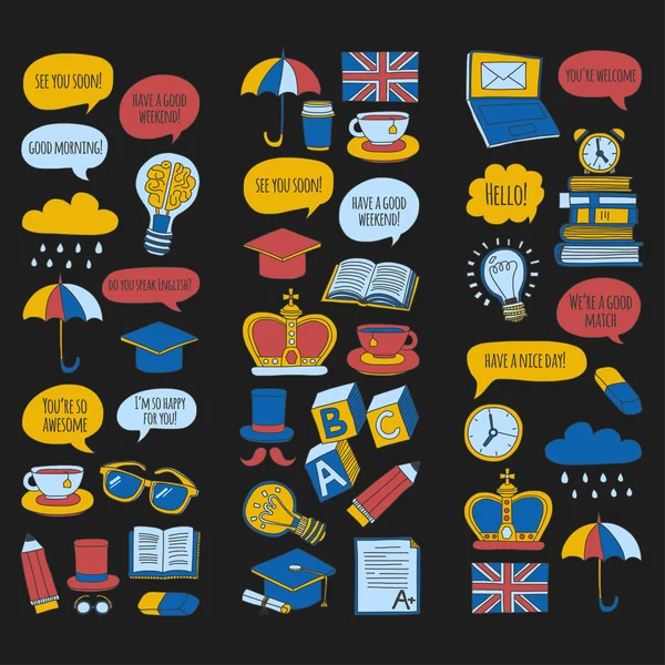 Conjunto de vectores Patrones e iconos de Doodle Cursos de inglés Escuela de idiomas — Archivo Imágenes Vectoriales