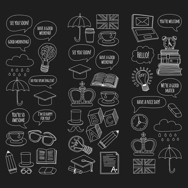 Conjunto de vectores Patrones e iconos de Doodle Cursos de inglés Escuela de idiomas — Archivo Imágenes Vectoriales