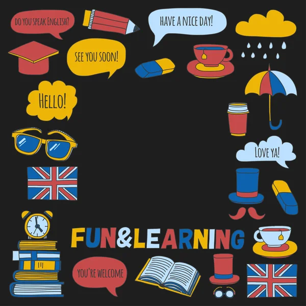 Conjunto de vectores Patrones e iconos de Doodle Cursos de inglés Escuela de idiomas — Archivo Imágenes Vectoriales