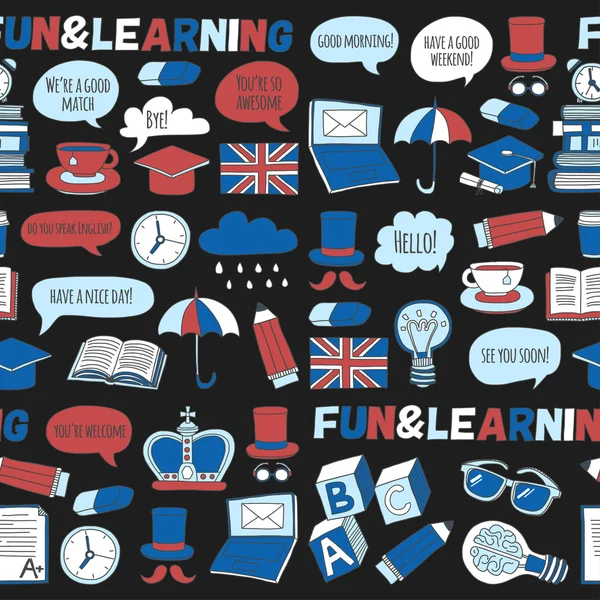 Vektör Doodle desen ve simgeler İngilizce kursları Dil Okulu ayarla.