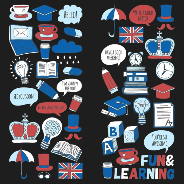 Vektör Doodle desen ve simgeler İngilizce kursları Dil Okulu ayarla.