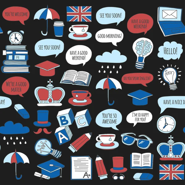 Vektör Doodle desen ve simgeler İngilizce kursları Dil Okulu ayarla.