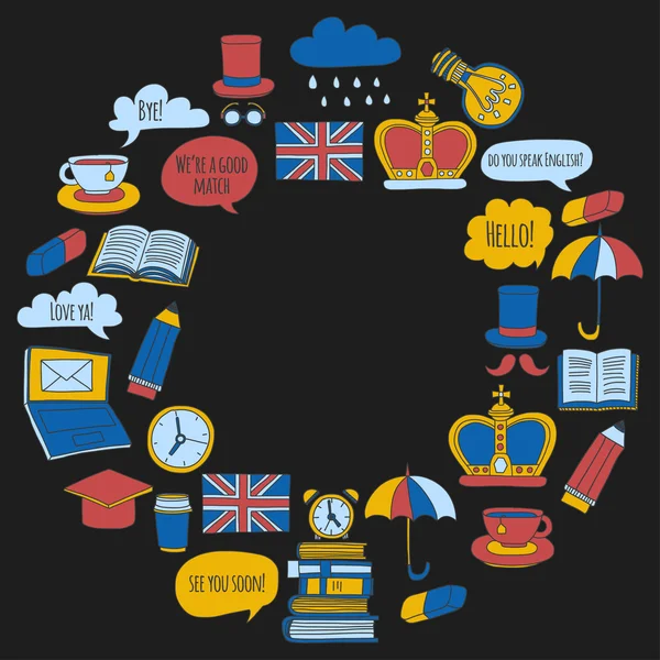 Vektör Doodle desen ve simgeler İngilizce kursları Dil Okulu ayarla.