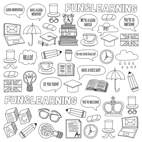 Vektör Doodle desen ve simgeler İngilizce kursları Dil Okulu ayarla.