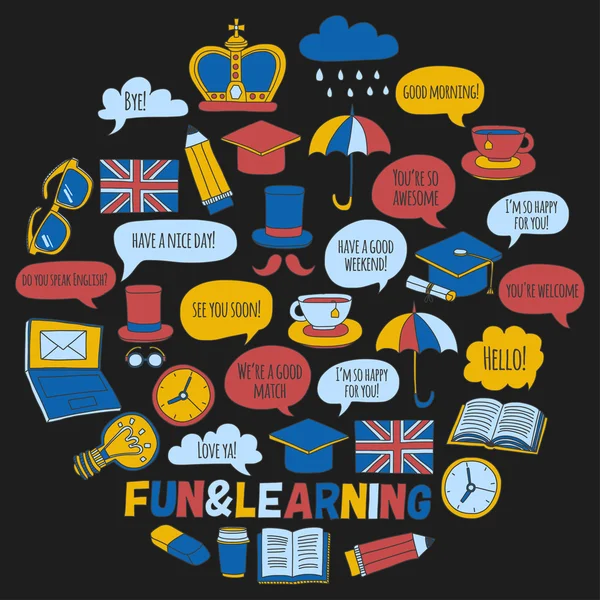 Vektör Doodle desen ve simgeler İngilizce kursları Dil Okulu ayarla.