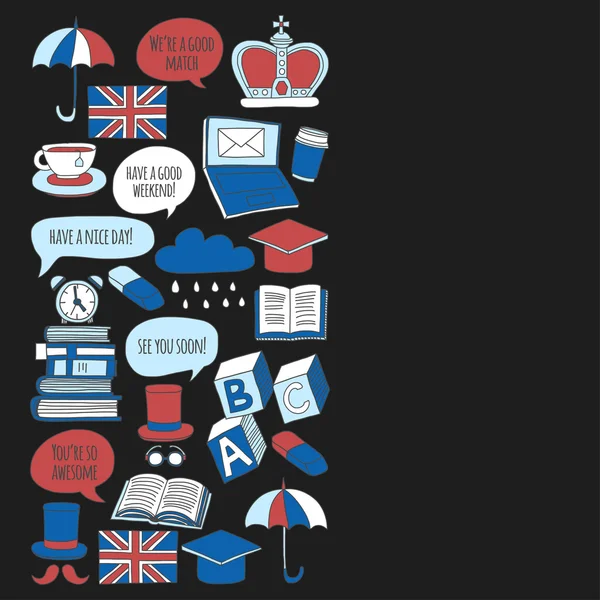 Vektör Doodle desen ve simgeler İngilizce kursları Dil Okulu ayarla.