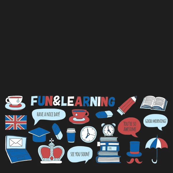 Vektör Doodle desen ve simgeler İngilizce kursları Dil Okulu ayarla.