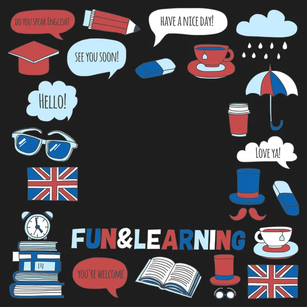 Vektör Doodle desen ve simgeler İngilizce kursları Dil Okulu ayarla.