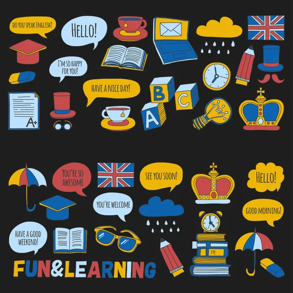 Vektör Doodle desen ve simgeler İngilizce kursları Dil Okulu ayarla.