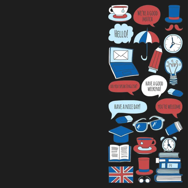 Conjunto de vectores Patrones e iconos de Doodle Cursos de inglés Escuela de idiomas — Archivo Imágenes Vectoriales