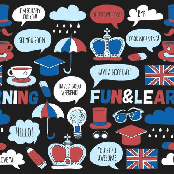 Vektör Doodle desen ve simgeler İngilizce kursları Dil Okulu ayarla.