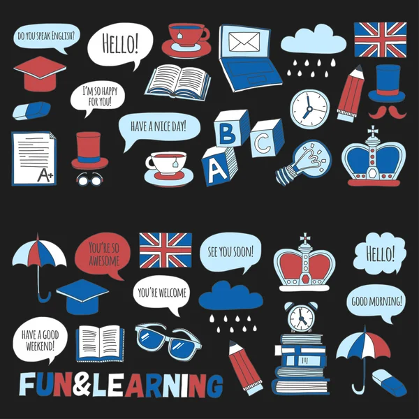 Vektör Doodle desen ve simgeler İngilizce kursları Dil Okulu ayarla.